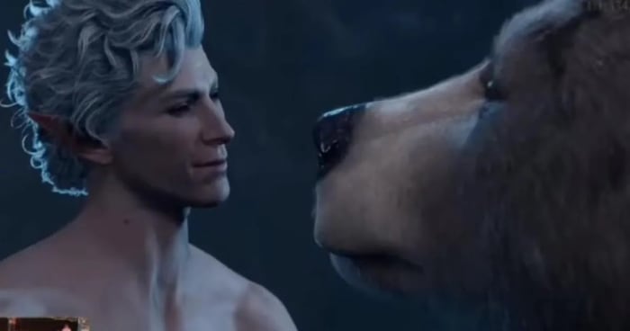 Baldur's Gate 3 is the pinnacle of player choice, as illustrated by this screenshot of a man kissing a bear.